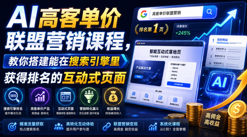 AI高客单价联盟营销课程，教你搭建能在搜索引擎里获得排名的互动式页面，引来流量，把访客转化为高佣金的成交【原创双语字幕】-得优社