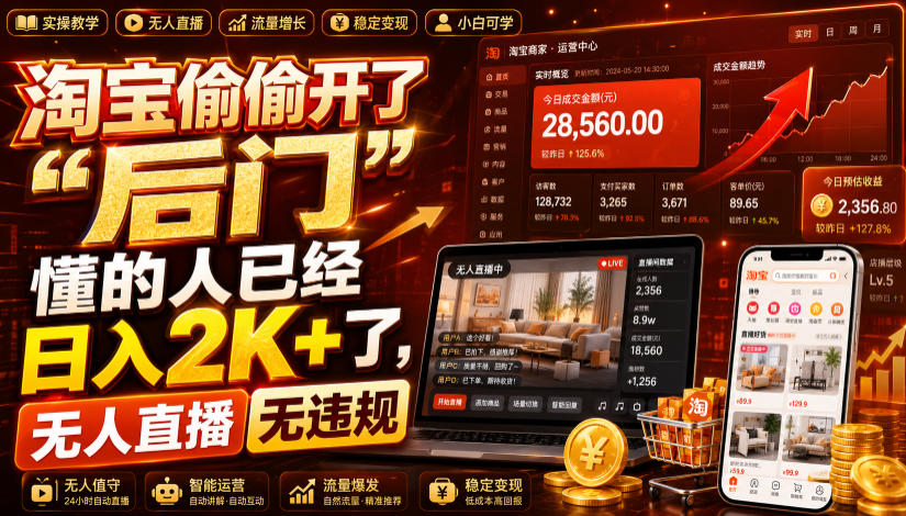 淘宝偷偷开了“后门”，懂的人已经日入2K+了，无人直播无违规，一台电脑=一家24小时营业的线上门店【揭秘】-得优社