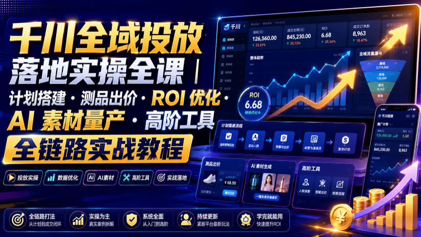 千川全域投放落地实操全课｜计划搭建・测品出价・ROI优化・AI素材量产・高阶工具全链路实战教程-得优社