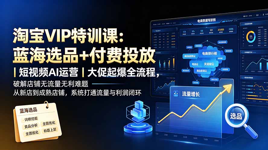 淘宝VIP特训课：蓝海选品+付费投放｜短视频AI运营｜大促起爆全流程，破解店铺无流量无利润难题-得优社