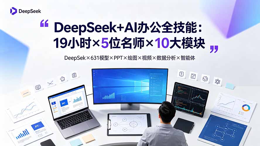 DeepSeek+AI办公全技能：19小时×5位名师×10大模块，DeepSeek×631模型×PPT×绘图×视频×数据分析×智能体-得优社