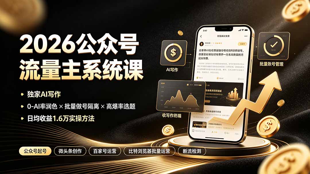 2026公众号流量主系统课：独家AI写作×0-AI率润色×批量做号隔离×高爆率选题，日均收益1.6万实操方法-得优社