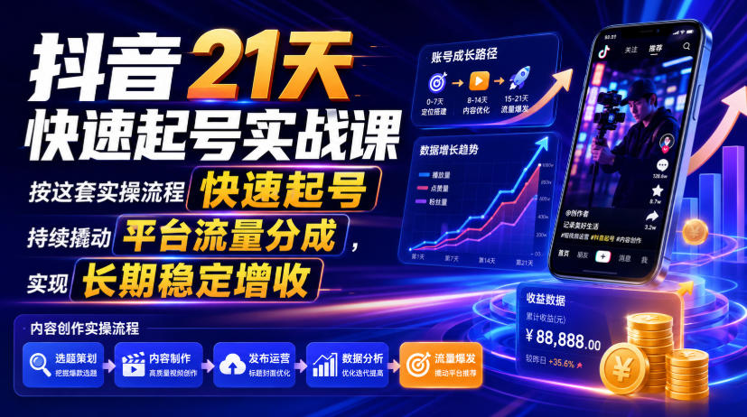 抖音21天快速起号实战课，按这套实操流程快速起号，持续撬动平台流量分成，实现长期稳定增收-得优社