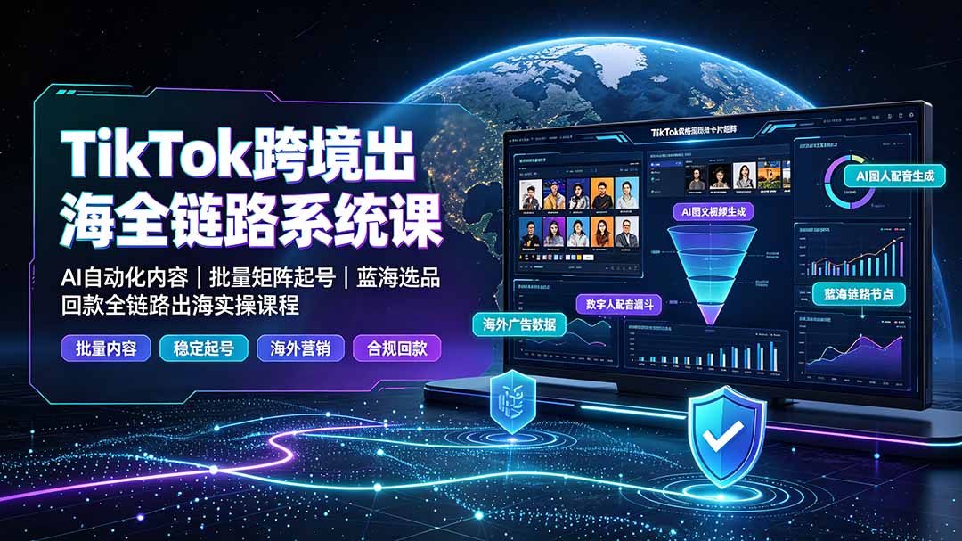 TikTok跨境出海全链路系统课-2026年7月：AI自动化内容｜批量矩阵起号｜蓝海选品回款全链路出海实操课程-得优社