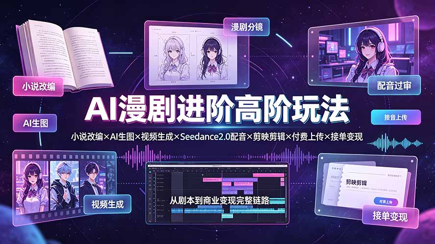 AI漫剧进阶高阶玩法：小说改编×AI生图×视频生成×Seedance2.0配音×剪映剪辑×付费上传×接单变现-得优社