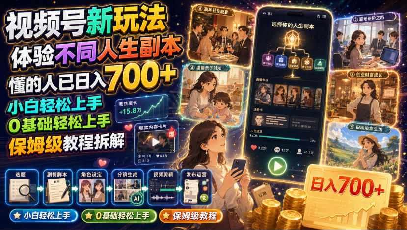 视频号新玩法体验不同人生副本，懂的人已日入700+，小白轻松上手，0基础轻松上手，保姆级教程拆解-得优社