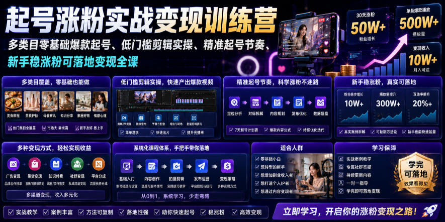 苗子起号涨粉实战变现训练营，多类目零基础爆款起号、精准起号节奏、新手稳涨粉可落地变现全课(更新0719)-得优社