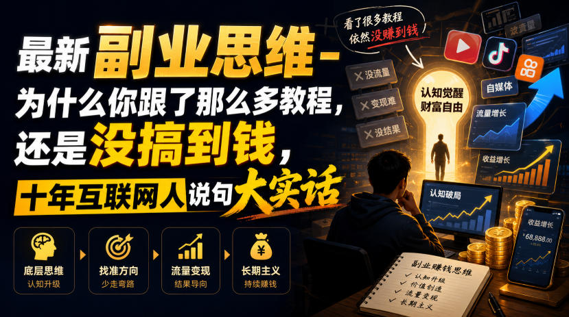 最新副业思维-为什么你跟了那么多教程，还是没搞到钱，十年互联网人说句大实话【揭秘】-得优社