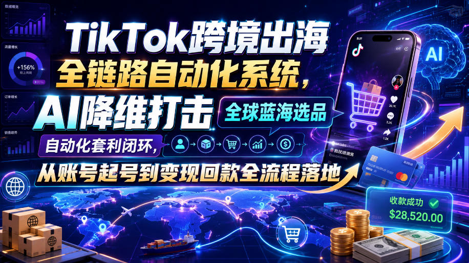 TikTok跨境出海全链路自动化系统，AI降维打击全球蓝海选品自动化套利闭环，从账号起号到变现回款全流程落地(2026年7月)-得优社