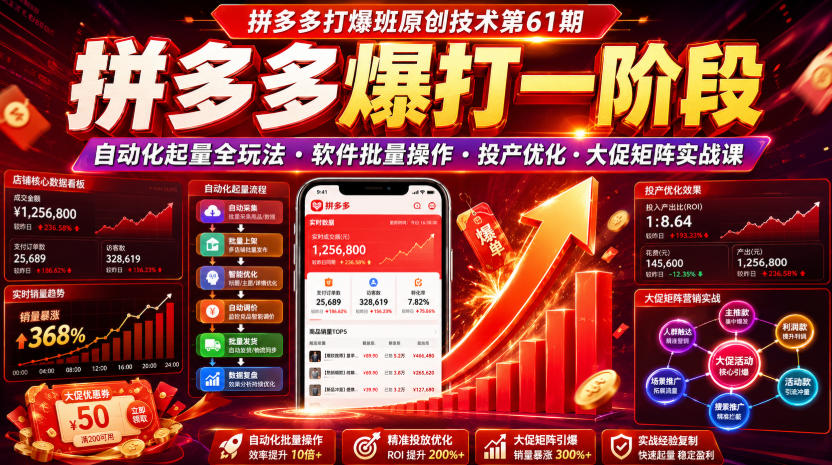 拼多多打爆班原创技术第61期，拼多多爆打一阶段，自动化起量全玩法・软件批量操作・投产优化・大促矩阵实战课-得优社