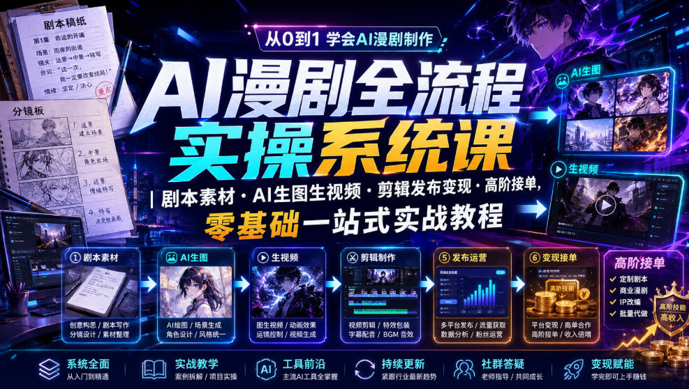 AI漫剧全流程实操系统课｜剧本素材・AI生图生视频・剪辑发布变现・高阶接单，零基础一站式实战教程-得优社