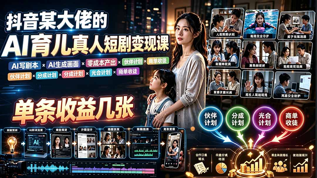 AI育儿真人短剧变现课：AI写剧本×AI生成画面×零成本产出×伙伴计划×分成计划×光合计划×商单收徒-得优社