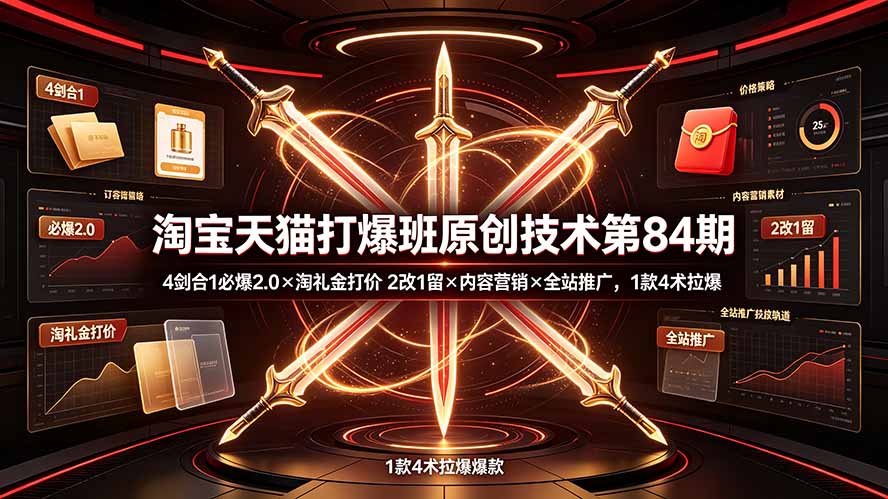 淘宝天猫打爆班原创技术第84期：4剑合1必爆2.0×淘礼金打价×2改1留×内容营销×全站推广，1款4术拉爆-得优社