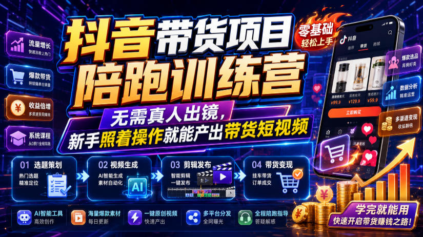 抖音带货项目陪跑训练营，无需真人出镜，新手照着操作就能产出带货短视频-得优社