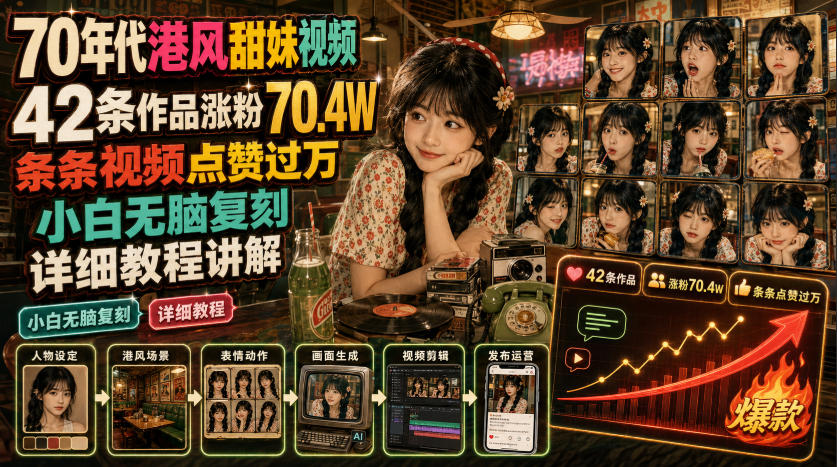 70年代港风甜妹视频，42条作品涨粉70.4W，条条视频点赞过万，小白无脑复刻，详细教程讲解-得优社