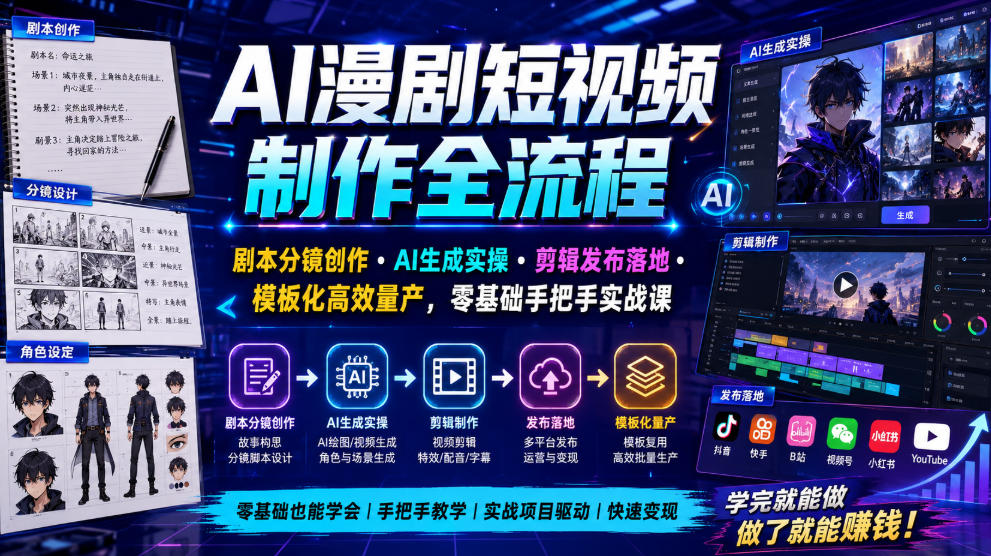 AI漫剧短视频制作全流程｜剧本分镜创作・AI生成实操・剪辑发布落地・模板化高效量产，零基础手把手实战课-得优社