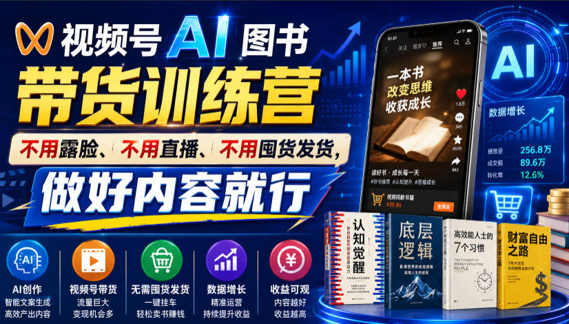 视频号AI图书带货训练营，不用露脸、不用直播、不用囤货发货，做好内容就行，一条爆款视频佣金8942-得优社