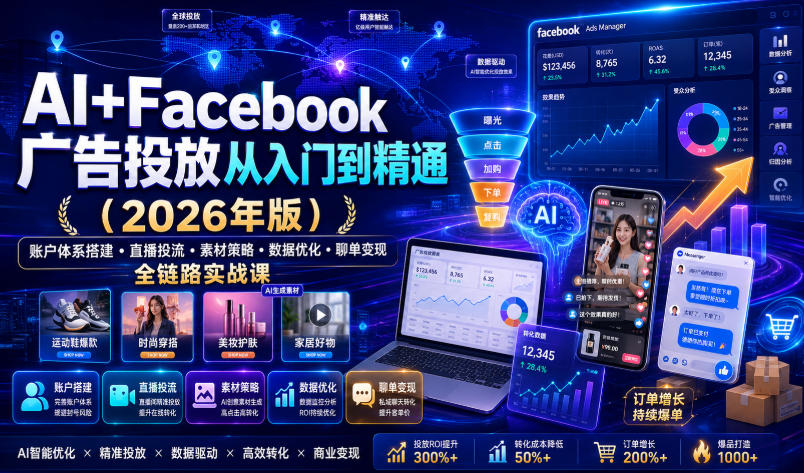 AI+Facebook广告投放从入门到精通(2026年版)｜账户体系搭建・直播投流・素材策略・数据优化・聊单变现全链路实战课-得优社