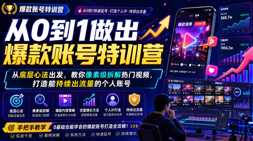 从0到1做出爆款账号特训营，从底层心法出发，教你像素级拆解热门视频，打造能持续出流量的个人账号-得优社
