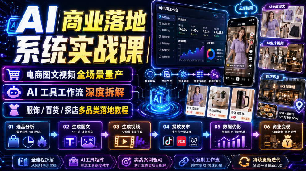 AI商业落地系统实战课｜电商图文视频全场景量产・AI工具工作流深度拆解・服饰/百货/探店多品类落地教程-得优社