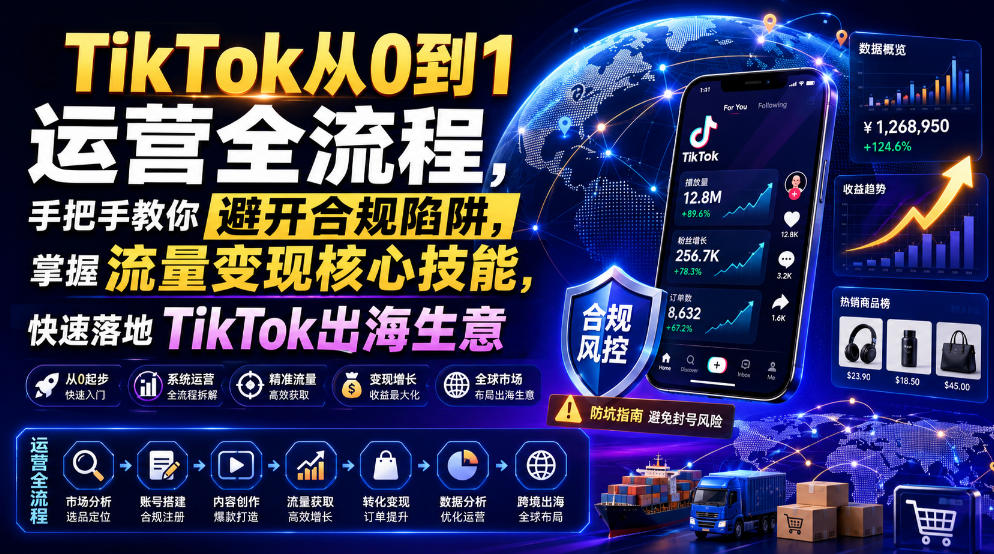 TikTok从0到1运营全流程，手把手教你避开合规陷阱，掌握流量变现核心技能，快速落地TikTok出海生意(更新7月)-得优社