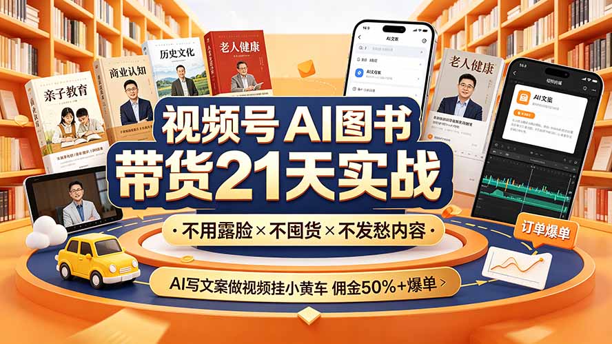 视频号AI图书带货21天实战：不用露脸×不囤货×不发愁内容，AI写文案做视频挂小黄车，佣金50%+爆单-得优社