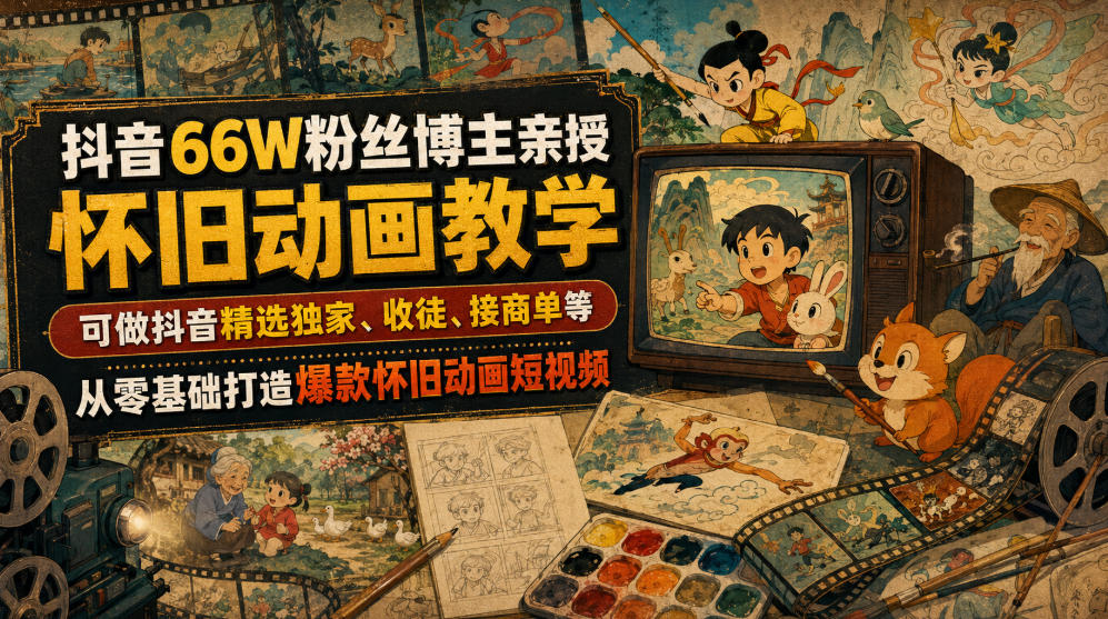 抖音66W粉丝博主亲授怀旧动画教学，可做抖音精选独家、收徒、接商单等，从零基础打造爆款怀旧动画短视频-得优社
