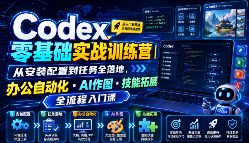 Codex零基础实战训练营｜从安装配置到任务全落地，办公自动化・AI作图・技能拓展全流程入门课-得优社