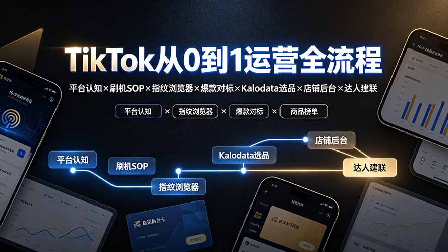 TikTok从0到1运营全流程：平台认知×刷机SOP×指纹浏览器×爆款对标×Kalodata选品×店铺后台×达人建联-得优社