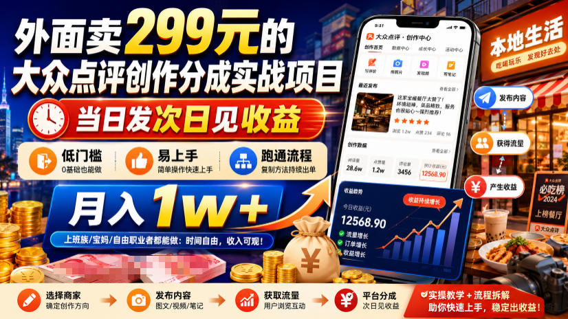外面卖299元的大众点评创作分成实战项目，当日发次日见收益，低门槛易上手，跑通流程月入1w+-得优社