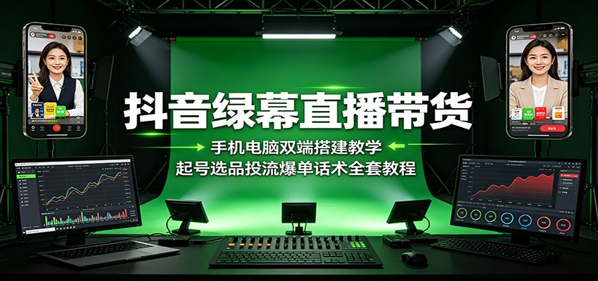 抖音绿幕直播带货：手机电脑双端搭建教学，起号选品投流爆单话术全套教程-得优社