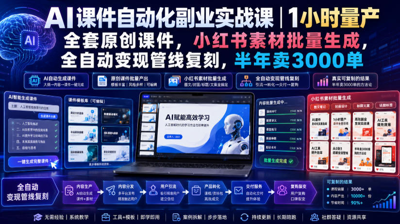 AI课件自动化副业实战课｜1小时量产全套原创课件，小红书素材批量生成，全自动变现管线复刻，半年卖3000单-得优社