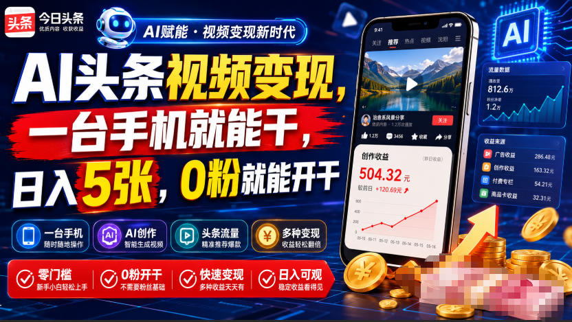 AI头条视频变现，一台手机就能干，日入5张，0粉就能开干-得优社