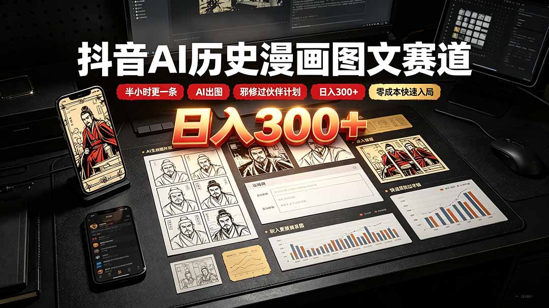 抖音AI历史漫画图文赛道：半小时更一条×AI出图×邪修过伙伴计划×日入300+，零成本快速入局-得优社