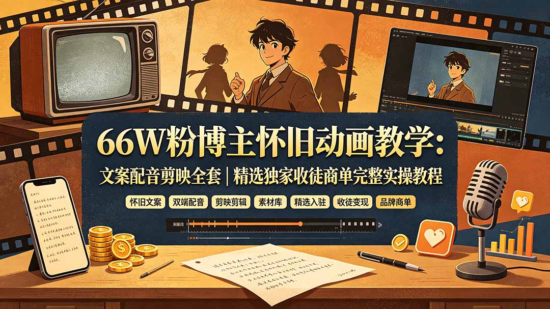 66W粉博主怀旧动画教学：文案配音剪映全套｜精选独家收徒商单完整实操教程-得优社
