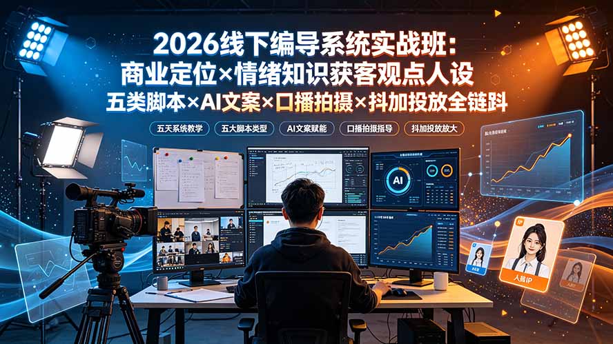 2026线下编导系统实战班：商业定位×情绪知识获客观点人设五类脚本×AI文案×口播拍摄×抖加投放全链路-得优社