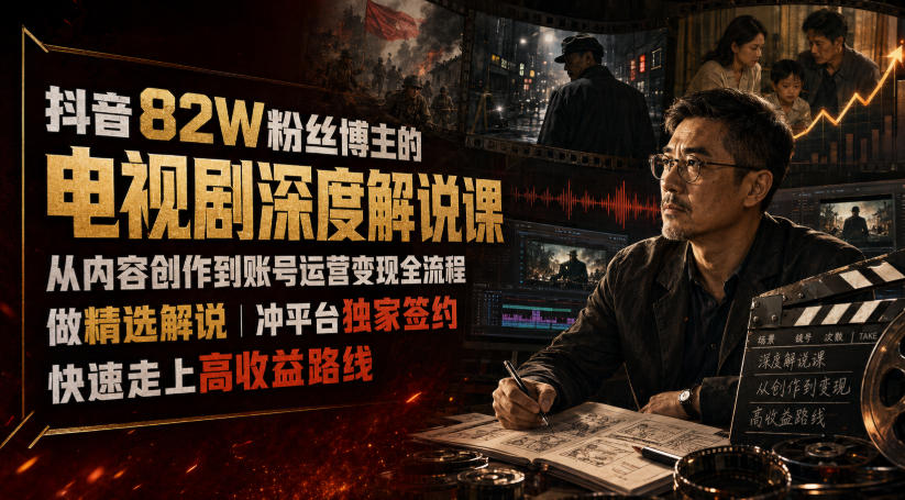 抖音82W粉丝博主的电视剧深度解说课，从内容创作到账号运营变现全流程，做精选解说，冲平台独家签约，快速走上高收益路线-得优社