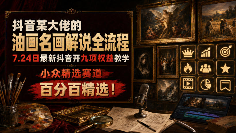 抖音某大佬的油画名画解说全流程，7.24日最新抖音开九项权益教学，小众精选赛道，百分百精选！-得优社