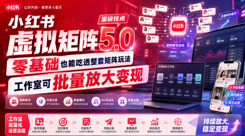 小红书虚拟矩阵5.0重磅技术，零基础也能吃透整套矩阵玩法，工作室可批量放大变现-得优社