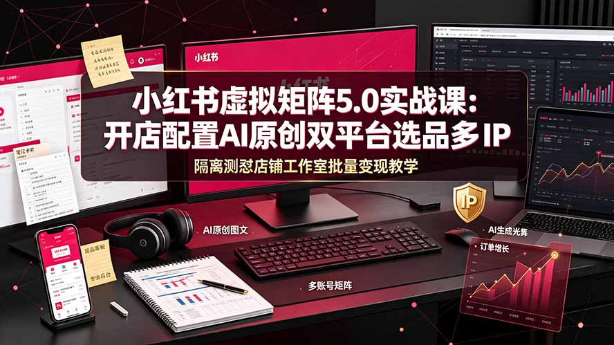 小红书虚拟矩阵5.0实战课：开店配置｜AI原创｜双平台选品｜多IP隔离｜测怼店铺工作室批量变现实操教学-得优社