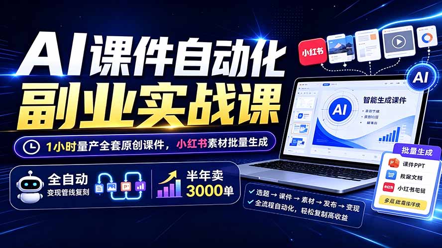 AI课件自动化副业实战课：1小时量产全套原创课件×小红书素材批量生成×全自动变现管线×半年卖3000单-得优社