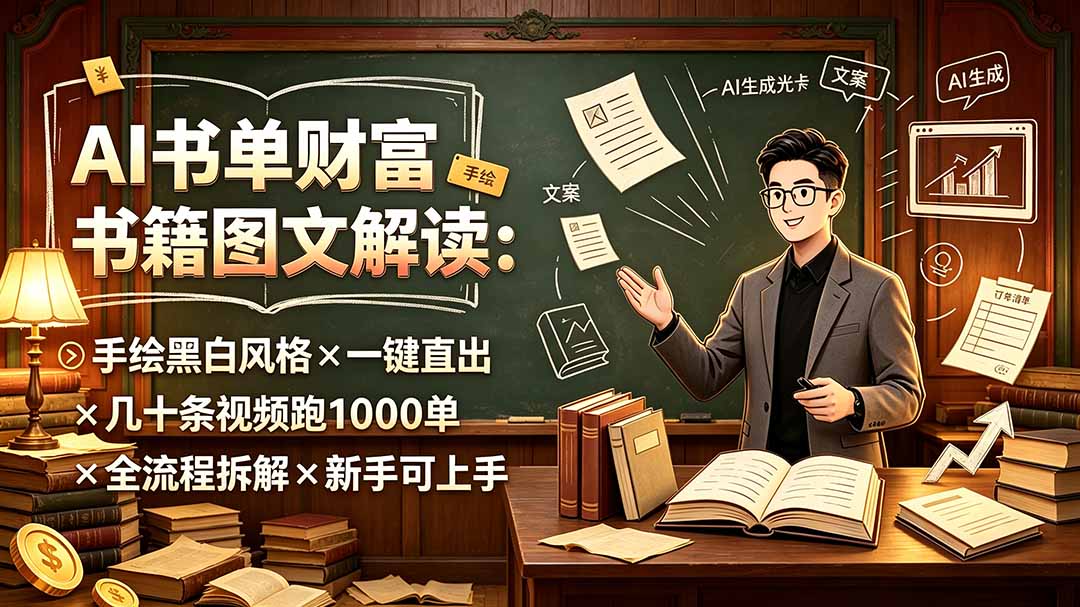 AI书单财富书籍图文解读：手绘黑白风格×一键直出×几十条视频跑1000单×全流程拆解×新手可上手-得优社