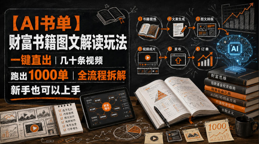 【AI书单】财富书籍图文解读玩法，一键直出，几十条视频，跑出1000单，全流程拆解，新手也可以上手-得优社