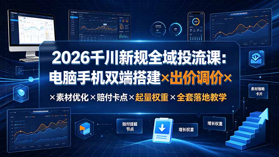2026千川新规全域投流课：电脑手机双端搭建×出价调价×素材优化×赔付卡点×起量权重×全套落地教学-得优社