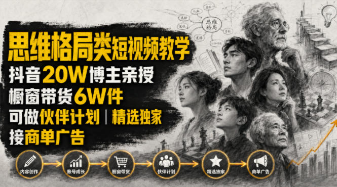 人性思维格局类短视频教学，抖音20W博主亲授，橱窗带货6W件，可做伙伴计划、精选独家、接商单广告-得优社