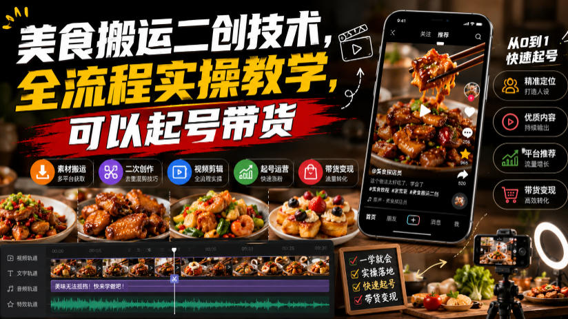 美食搬运二创技术，全流程实操教学，可以起号带货-得优社