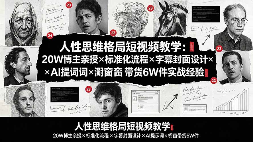 人性思维格局短视频教学：20W博主亲授×标准化流程×字幕封面设计×AI提示词×橱窗带货6W件实战经验-得优社