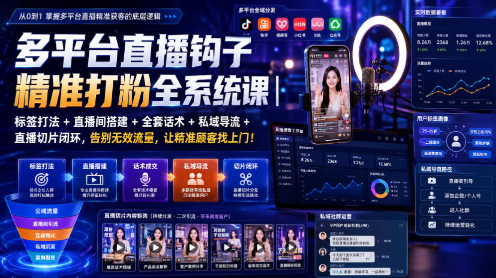 多平台直播钩子精准打粉全系统课｜标签打法+直播间搭建+全套话术+私域导流+直播切片闭环，告别无效流量，让精准顾客找上门！-得优社