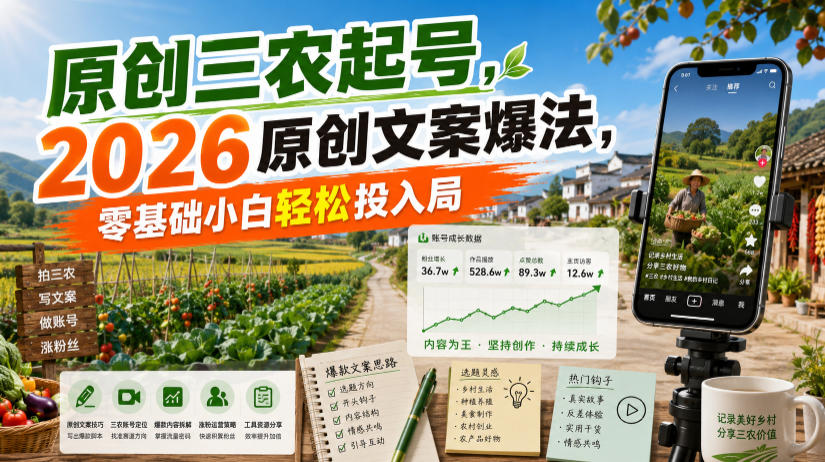 原创三农起号，2026原创文案爆法，零基础小白轻松投入局-得优社