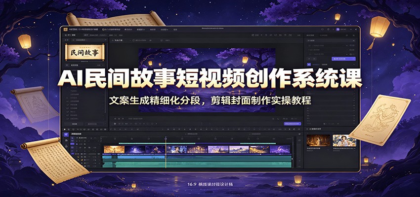 AI民间故事短视频创作系统课：文案生成精细化分段，剪辑封面制作实操教程-得优社